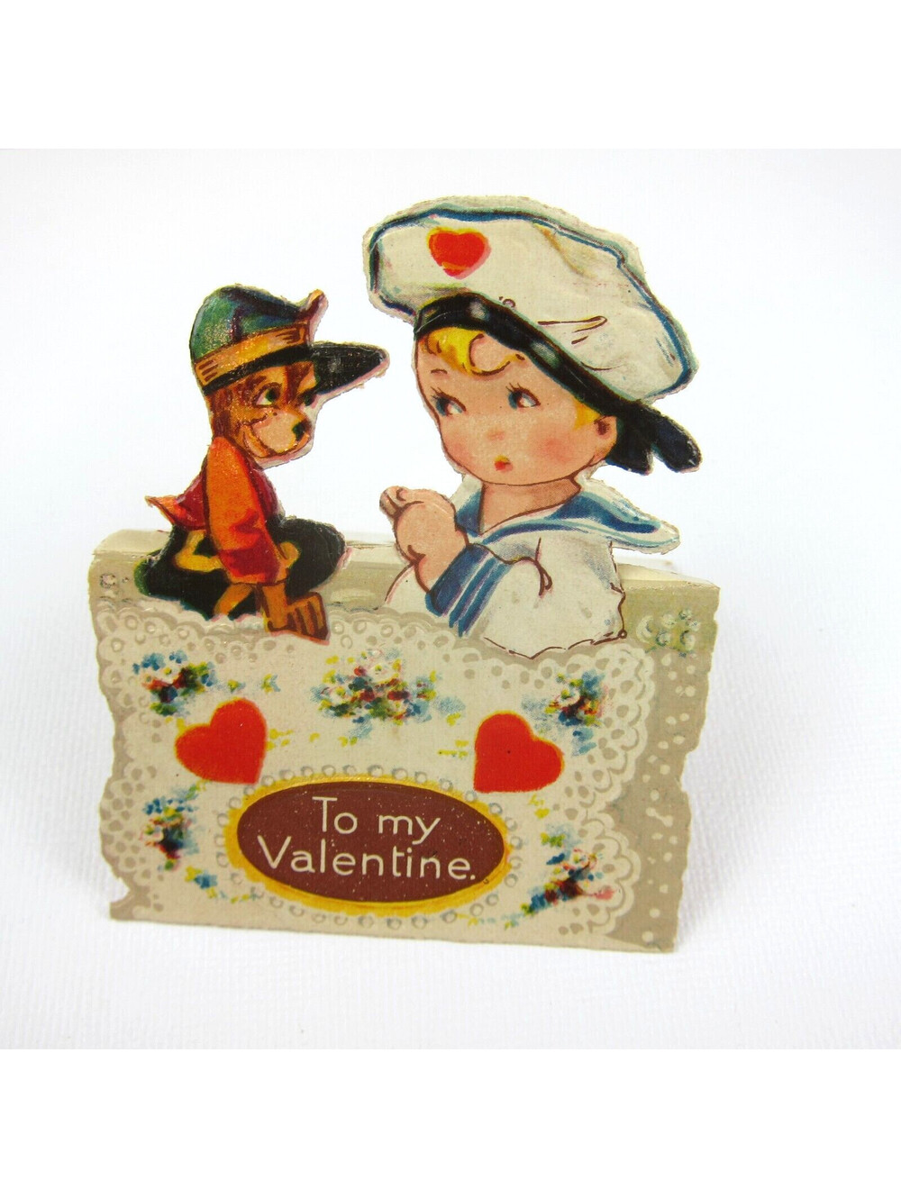 Vintage Valentine Card Cutout Stand Up Boy Sailor Cap & Dog Bavaria UNSIGNED